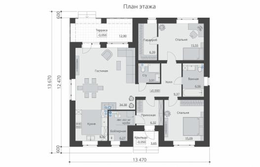 Одноэтажный дом с большой гостиной и двумя спальнями