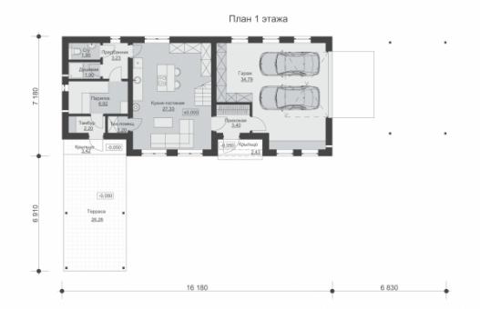 Одноэтажный дом с мансардой, навесами и гаражом на две машины